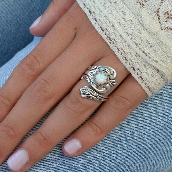 White Opal Spoon Adjustable Ring