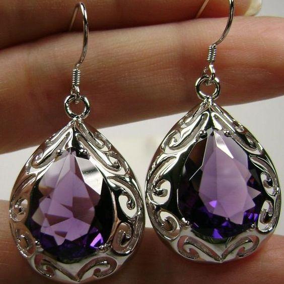 Vintage Silver Purple Crystal Drop Earrings