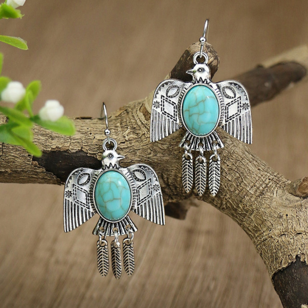 Silver Boho Bird Earrings with Opal