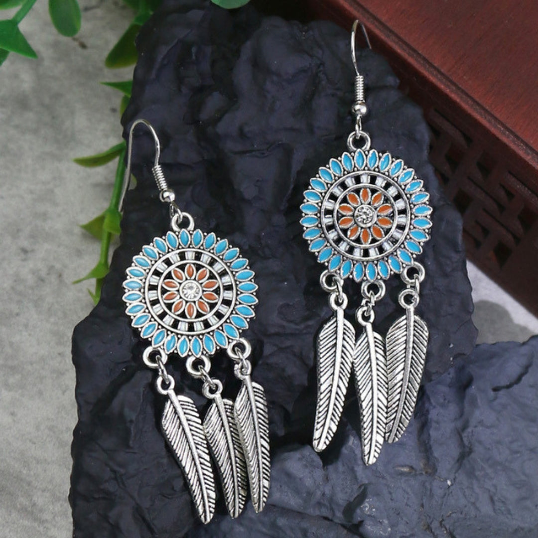 Mandala Earrings with Silver Leaves and Opal