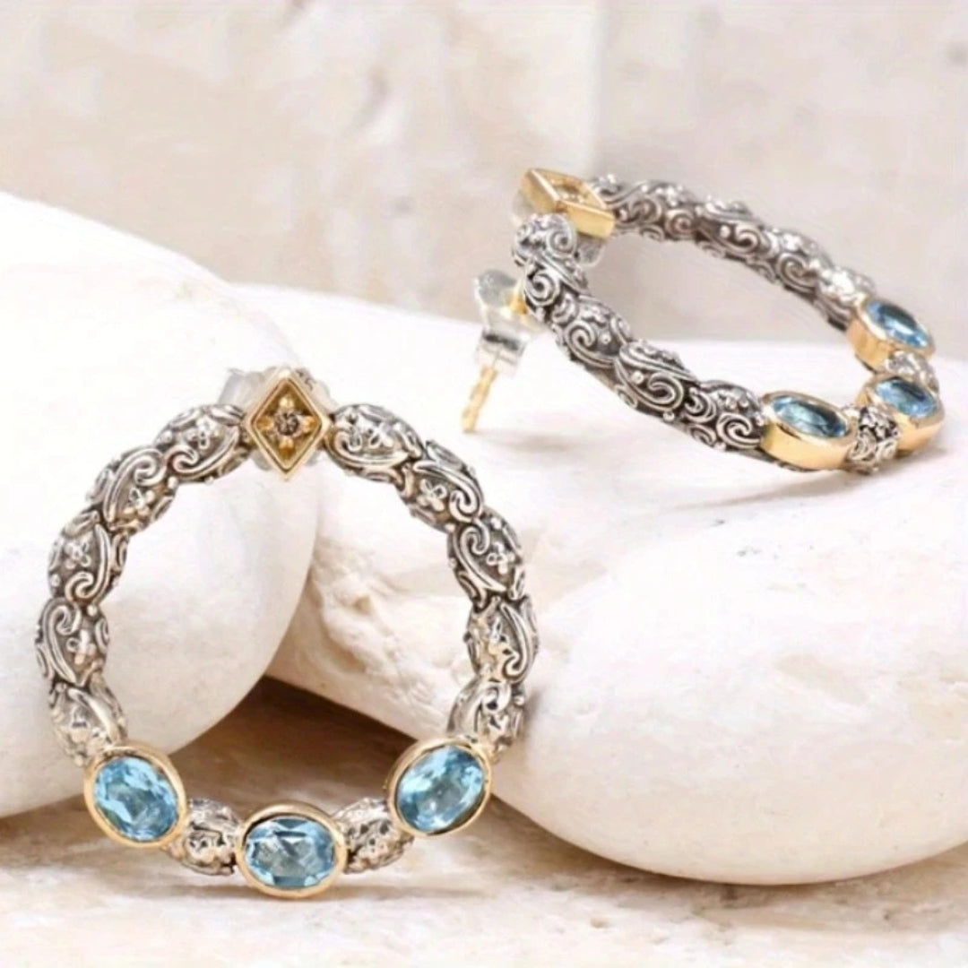 Vintage Blue Crystal Encrusted Hoop Earrings