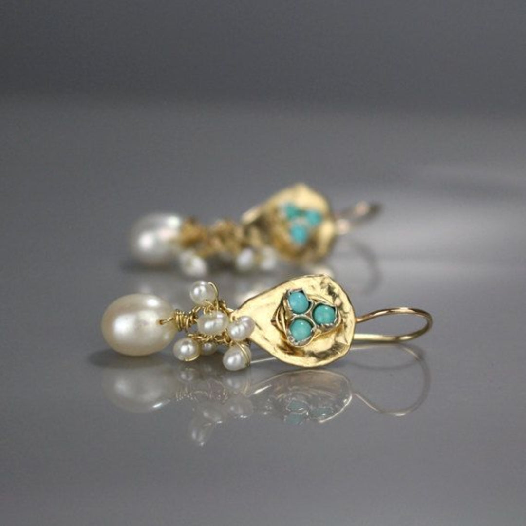 Vintage Golden Blue Stones & Pearl Earrings