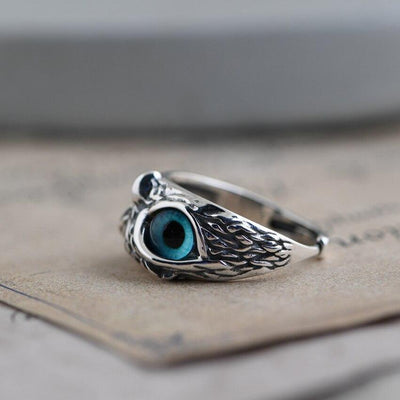 Owl of Good Luck Adjustable Ring in Silver and Opal