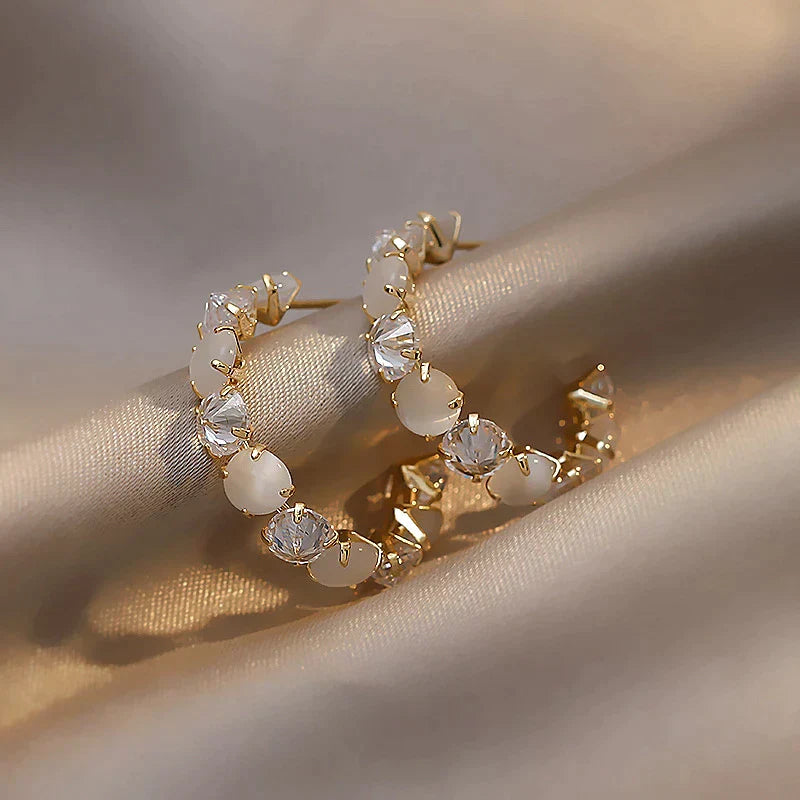 Luxury White Opal and Crystal Earrings in Gold