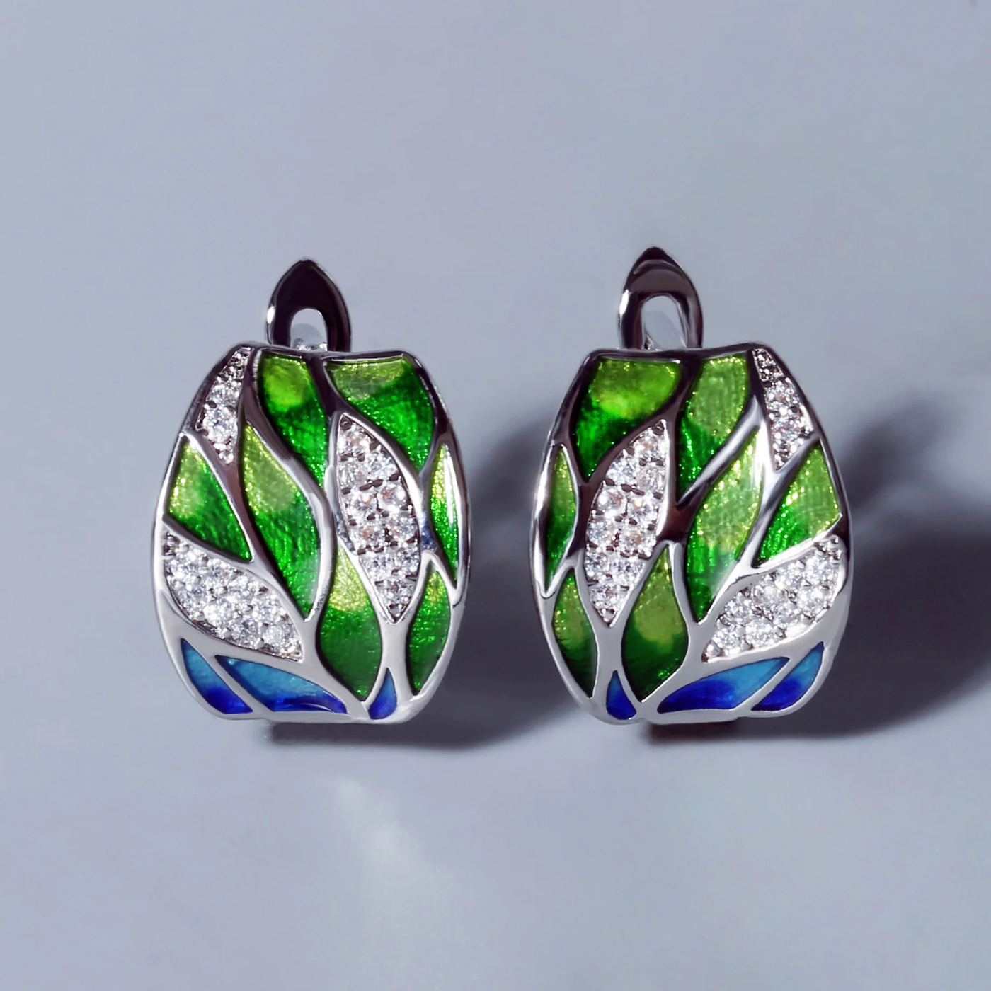 Vintage Green Enamel Zirconia Earrings