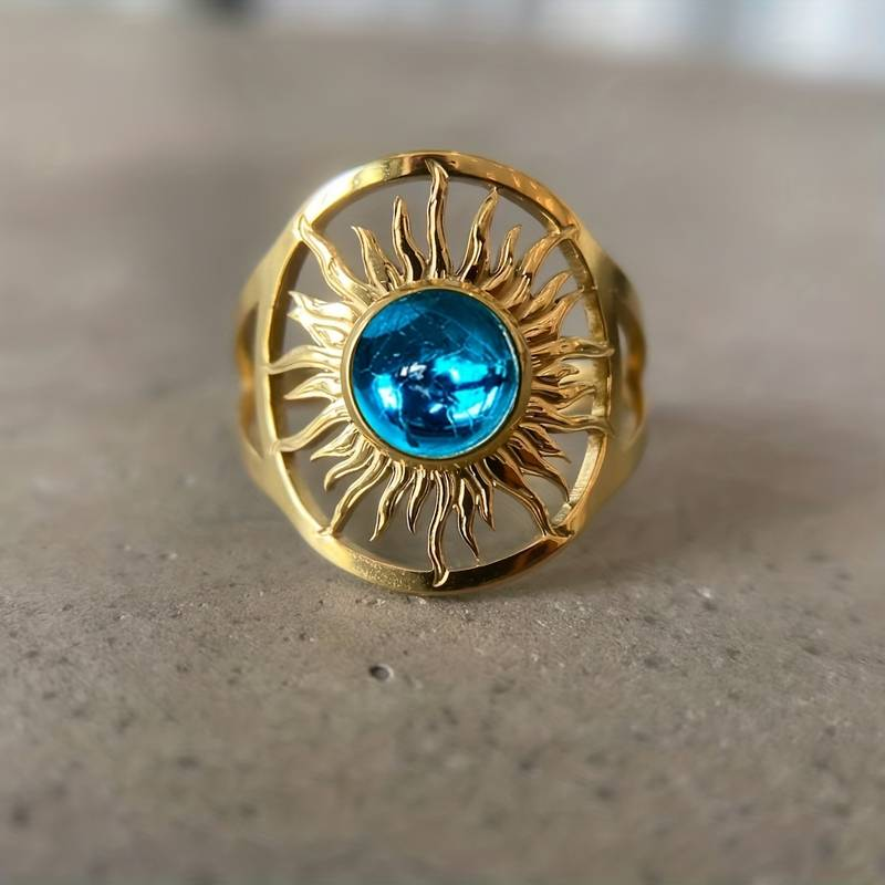 Vintage Golden Blue Crystal Solar Ring