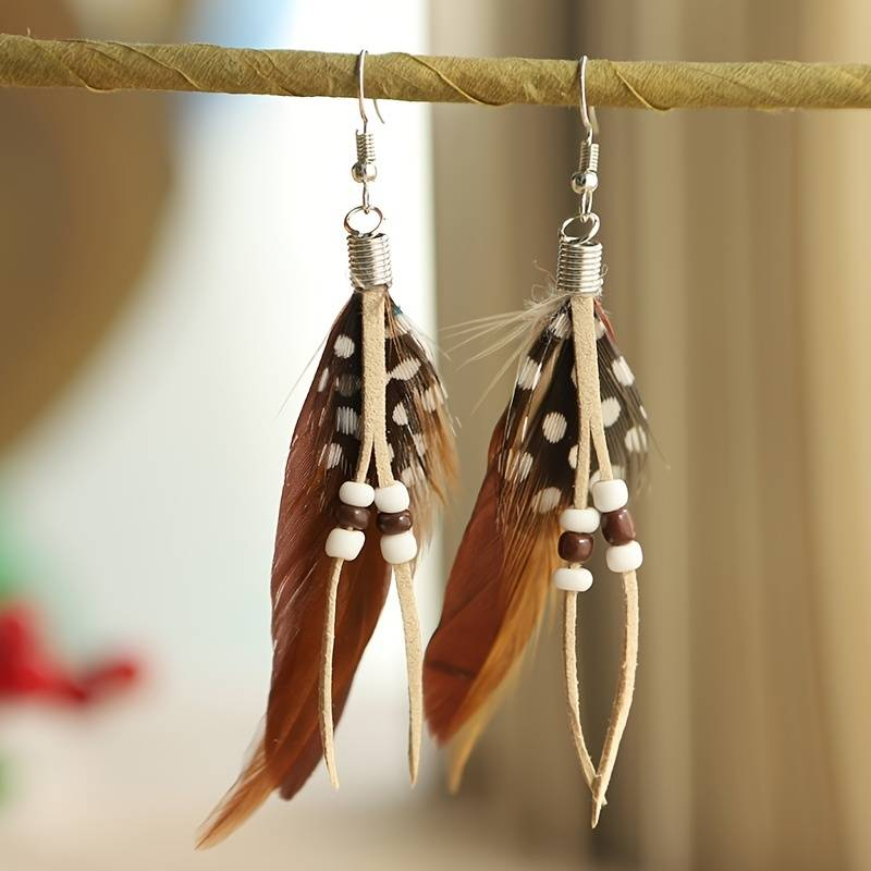 Vintage Brown Natural Feather Earrings