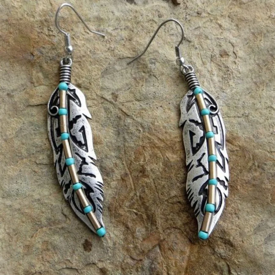 Vintage Turquoise Inlaid Stone Leaf Earrings