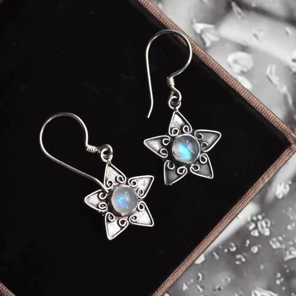 Vintage Moonstone Star Silver Earrings