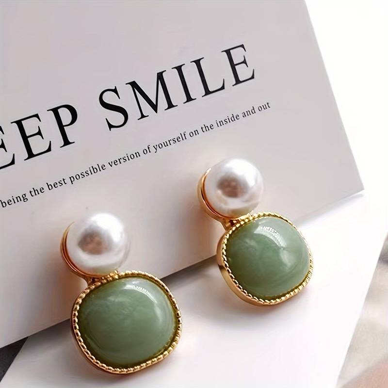 Vintage Inlaid Green Stone Pearl Earrings