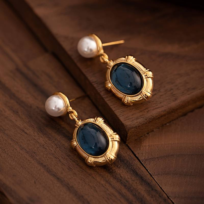 Vintage Inlaid Stone Pearl Earrings